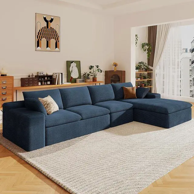 Alt view image 5 of 7 - 136" Cloud Sectional Couch with L-Shape Chaise, Modern Corduroy Viral Boneless Sofa for Living Room,Memory Foam Couches in a Box with Deep Seat,No Assembly Required (Blue,Right-Facing Chaise)