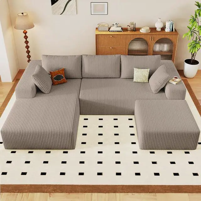 Alt view image 3 of 6 - 96" W Cloud Sectional Couch with Ottoman,Modern U-Shaped Cloud Couch with Deep Seat,Comfy Corduroy 3-Seater Sofa,Memory Foam Sofa for Living Room,No Assembly (Camel,Left-Facing Chaise)