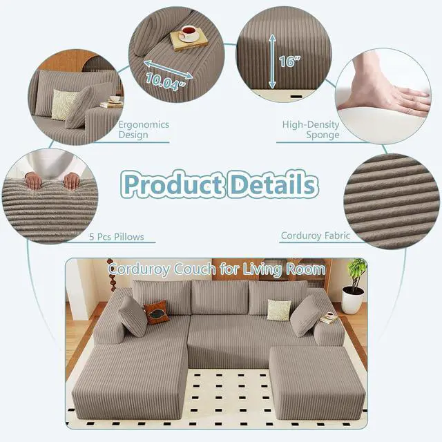 Alt view image 4 of 6 - 96" W Cloud Sectional Couch with Ottoman,Modern U-Shaped Cloud Couch with Deep Seat,Comfy Corduroy 3-Seater Sofa,Memory Foam Sofa for Living Room,No Assembly (Camel,Left-Facing Chaise)