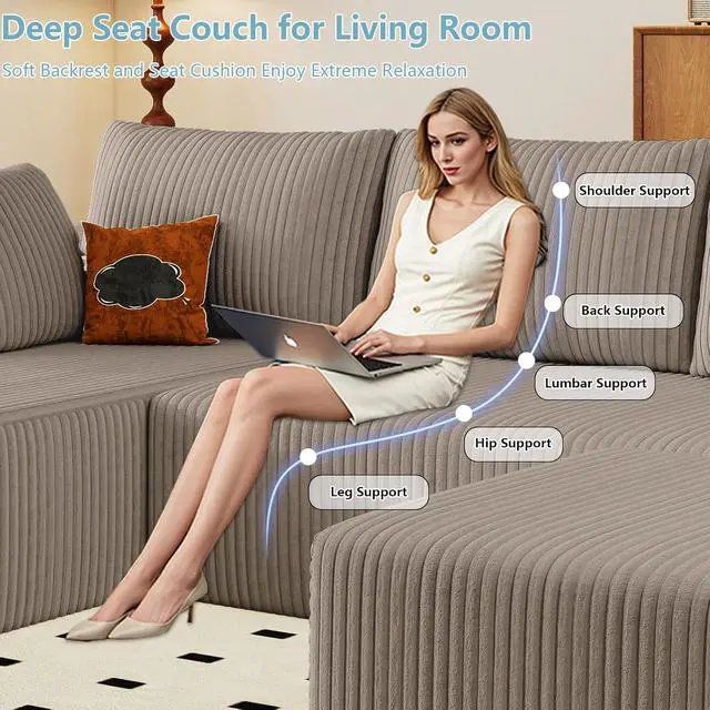 Alt view image 5 of 6 - 96" W Cloud Sectional Couch with Ottoman,Modern U-Shaped Cloud Couch with Deep Seat,Comfy Corduroy 3-Seater Sofa,Memory Foam Sofa for Living Room,No Assembly (Camel,Left-Facing Chaise)
