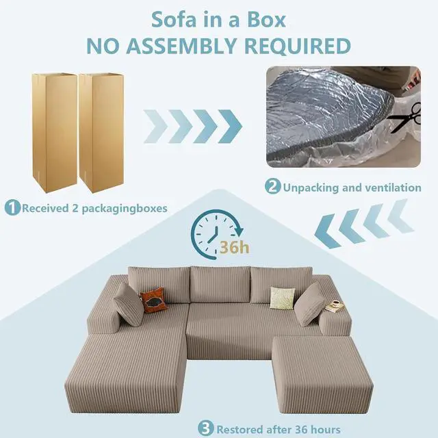 Alt view image 6 of 6 - 96" W Cloud Sectional Couch with Ottoman,Modern U-Shaped Cloud Couch with Deep Seat,Comfy Corduroy 3-Seater Sofa,Memory Foam Sofa for Living Room,No Assembly (Camel,Left-Facing Chaise)