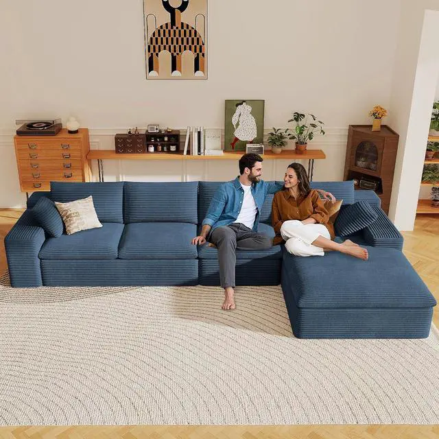 Alt view image 6 of 7 - 136" Cloud Sectional Couch with L-Shape Chaise, Modern Corduroy Viral Boneless Sofa for Living Room,Memory Foam Couches in a Box with Deep Seat,No Assembly Required (Blue,Right-Facing Chaise)