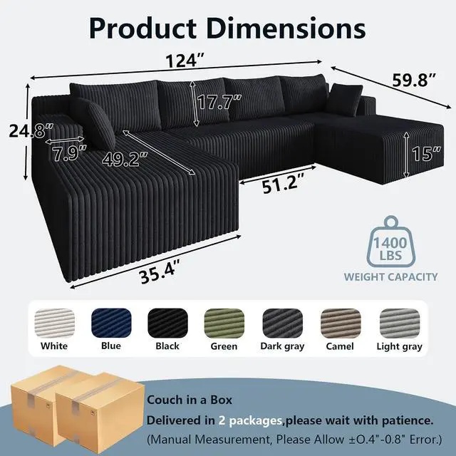 Alt view image 2 of 7 - 124" Cloud Sectional Couch,Modern U-Shaped Boneless Couch with Deep Seat,Comfy Corduroy 4-Seater Sofa,Memory Foam Sofa for Living Room,No Assembly Required (Black)