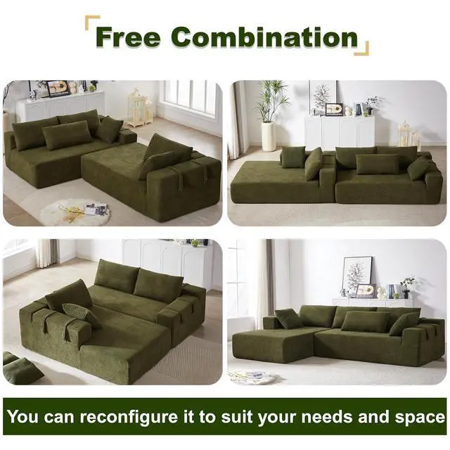 Alt view image 5 of 7 - 108" Modular Sectional Sofa, Convertible L-Shaped Couch with 6 Pillows, Modern Chenille 3-Seater Deep-Seated Cloud Couch for Living Room, No Assembly Required (Green, Right-Facing Chaise)