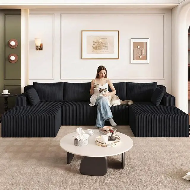 Alt view image 5 of 7 - 124" Cloud Sectional Couch,Modern U-Shaped Boneless Couch with Deep Seat,Comfy Corduroy 4-Seater Sofa,Memory Foam Sofa for Living Room,No Assembly Required (Black)