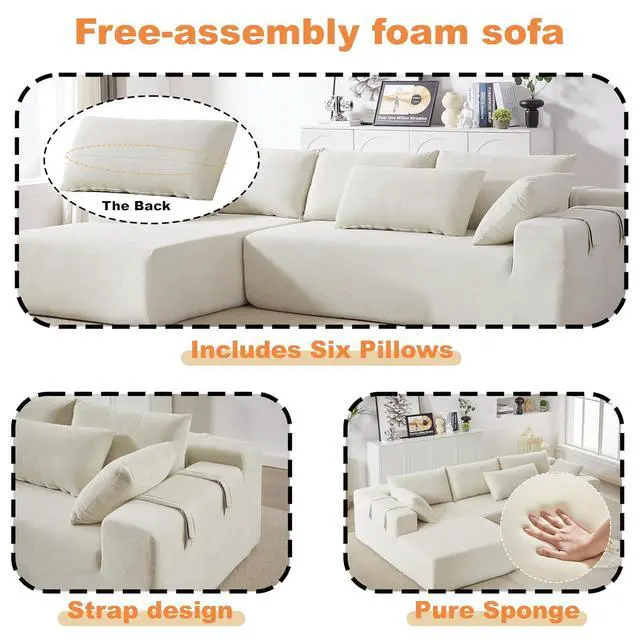 Alt view image 4 of 7 - 108" Modular Sectional Sofa, Convertible L-Shaped Couch with 6 Pillows, Modern Chenille 3-Seater Deep-Seated Cloud Couch for Living Room, No Assembly Required (Beige, Right-Facing Chaise)