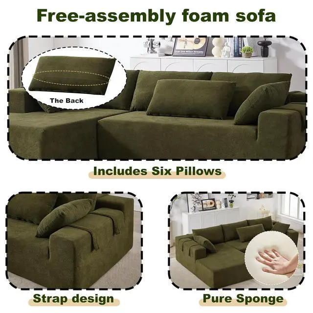 Alt view image 4 of 7 - 108" Modular Sectional Sofa, Convertible L-Shaped Couch with 6 Pillows, Modern Chenille 3-Seater Deep-Seated Cloud Couch for Living Room, No Assembly Required (Green, Right-Facing Chaise)