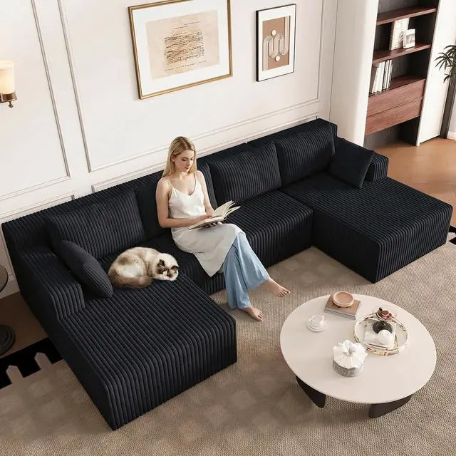 Main image of 124" Cloud Sectional Couch,Modern U-Shaped Boneless Couch with Deep Seat,Comfy Corduroy 4-Seater Sofa,Memory Foam Sofa for Living Room,No Assembly Required (Black)
