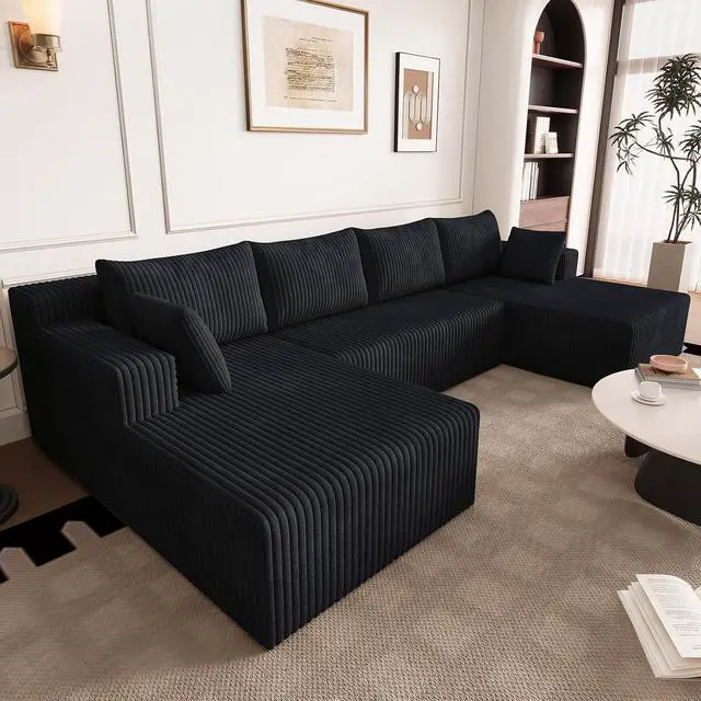Alt view image 3 of 7 - 124" Cloud Sectional Couch,Modern U-Shaped Boneless Couch with Deep Seat,Comfy Corduroy 4-Seater Sofa,Memory Foam Sofa for Living Room,No Assembly Required (Black)
