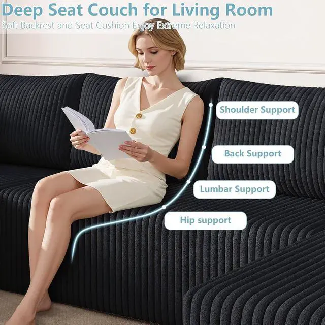 Alt view image 6 of 7 - 124" Cloud Sectional Couch,Modern U-Shaped Boneless Couch with Deep Seat,Comfy Corduroy 4-Seater Sofa,Memory Foam Sofa for Living Room,No Assembly Required (Black)