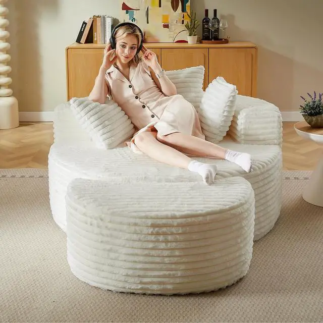 Main image of 55'' Oversized Round Chair Lounge Chaise Indoor with Ottoman, Cloud Corduroy Upholstered Floor Sofa, Boneless Circle Chair for Reading, Living Room, Bedroom, Apartment,Cream White