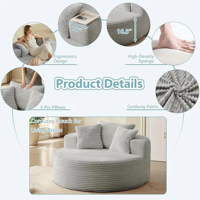 Alt view image 7 of 7 - 55'' Oversized Round Lounge Chaise Chair, Corduroy Upholstered Indoor Chaise, Cloud Circle Sleeper Sofa Bed for Reading, Living Room, Bedroom, Apartment, No Assembly Required, Light Grey