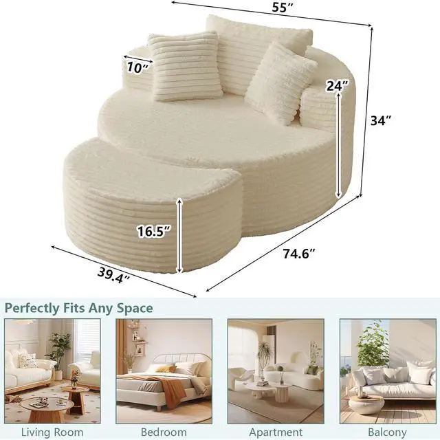 Alt view image 2 of 7 - 55'' Oversized Round Chair Lounge Chaise Indoor with Ottoman, Cloud Corduroy Upholstered Floor Sofa, Boneless Circle Chair for Reading, Living Room, Bedroom, Apartment,Cream White
