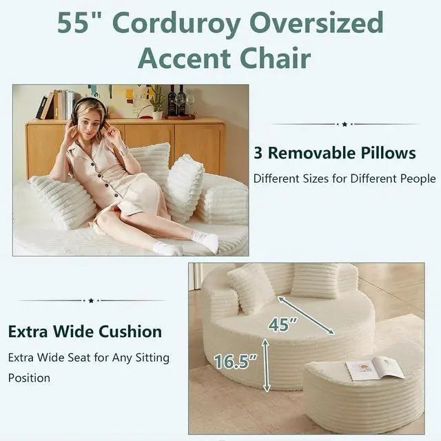 Alt view image 4 of 7 - 55'' Oversized Round Chair Lounge Chaise Indoor with Ottoman, Cloud Corduroy Upholstered Floor Sofa, Boneless Circle Chair for Reading, Living Room, Bedroom, Apartment,Cream White