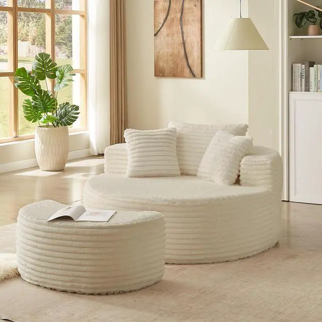 Alt view image 3 of 7 - 55'' Oversized Round Chair Lounge Chaise Indoor with Ottoman, Cloud Corduroy Upholstered Floor Sofa, Boneless Circle Chair for Reading, Living Room, Bedroom, Apartment,Cream White
