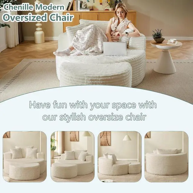 Alt view image 6 of 7 - 55'' Oversized Round Chair Lounge Chaise Indoor with Ottoman, Cloud Corduroy Upholstered Floor Sofa, Boneless Circle Chair for Reading, Living Room, Bedroom, Apartment,Cream White