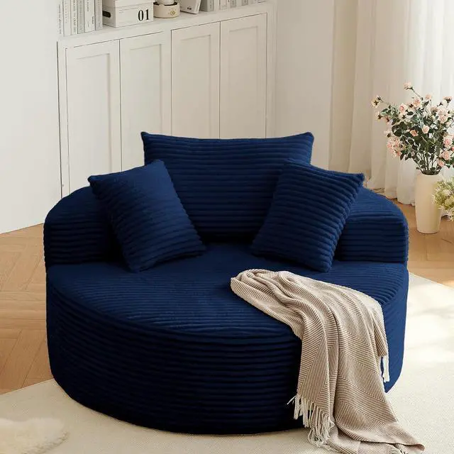 Main image of 55'' Oversized Round Lounge Chaise Chair, Corduroy Upholstered Indoor Chaise, Cloud Circle Sleeper Sofa Bed for Reading, Living Room, Bedroom, Apartment, No Assembly Required, Blue