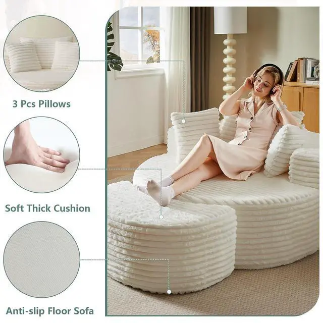 Alt view image 5 of 7 - 55'' Oversized Round Chair Lounge Chaise Indoor with Ottoman, Cloud Corduroy Upholstered Floor Sofa, Boneless Circle Chair for Reading, Living Room, Bedroom, Apartment,Cream White