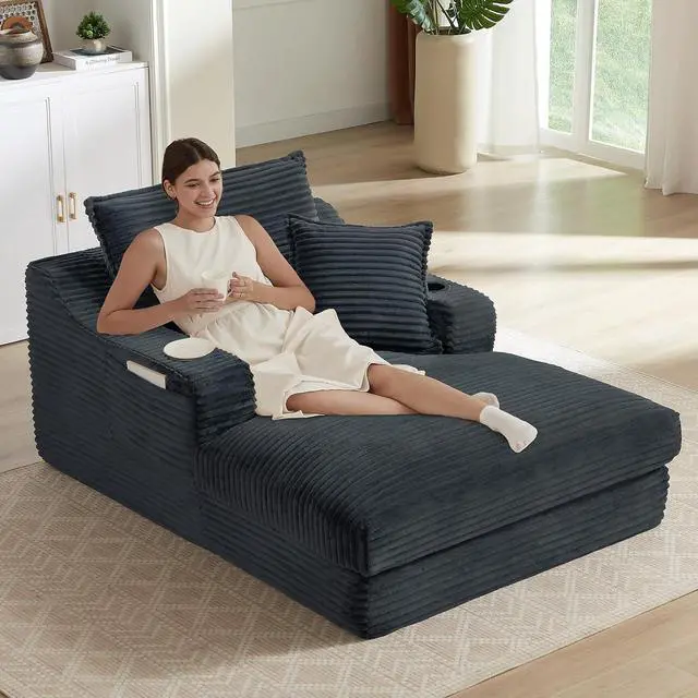 Main image of 47.2"Oversized Chaise Lounge Chair Indoor,Corduroy Boneless Reading Chair with Cup Holder,Deep Seat Cloud Sofa Bed,Comfy Modern Sleeper Chairs in Box for Living Room Bedroom,No Assembly (Dark Grey)