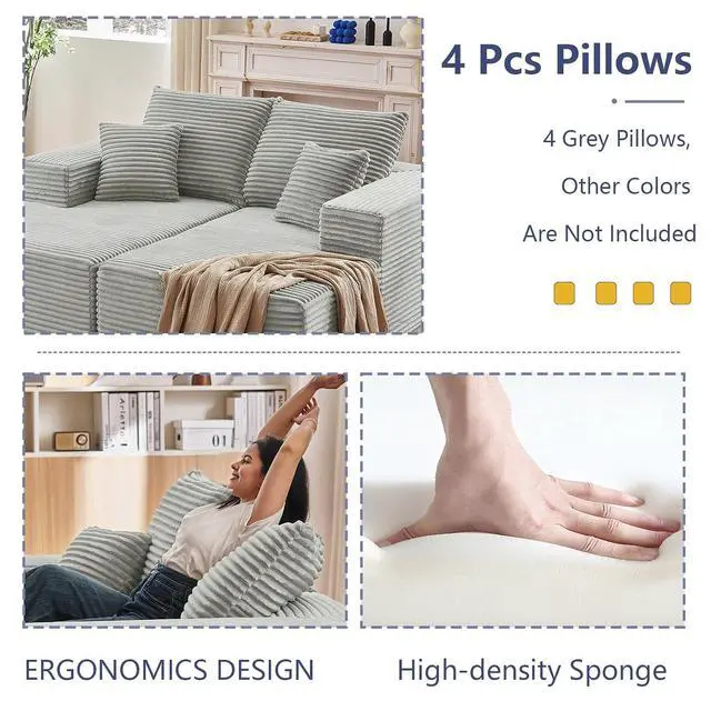 Alt view image 5 of 7 - 75"Oversized Chaise Lounge Chair,Sectional Double Lounge Chaise with Pillows, Upholstered Corduroy Boneless Lounge Chair,Fluffy Modern Loveseat Sleeper Sofa for Living Room Bedroom(Light Grey)