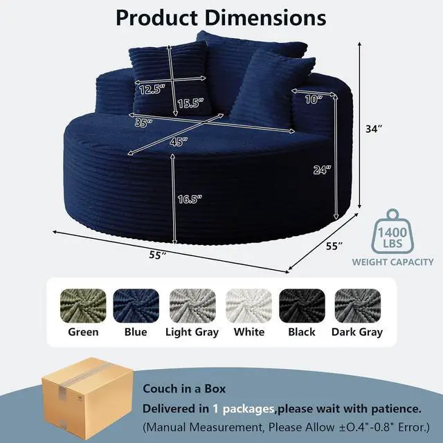 Alt view image 2 of 7 - 55'' Oversized Round Lounge Chaise Chair, Corduroy Upholstered Indoor Chaise, Cloud Circle Sleeper Sofa Bed for Reading, Living Room, Bedroom, Apartment, No Assembly Required, Blue