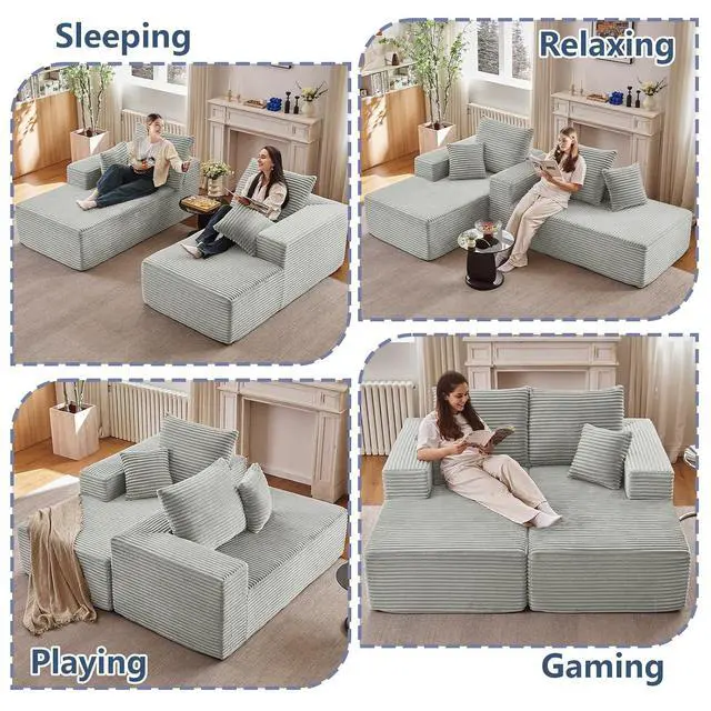 Alt view image 7 of 7 - 75"Oversized Chaise Lounge Chair,Sectional Double Lounge Chaise with Pillows, Upholstered Corduroy Boneless Lounge Chair,Fluffy Modern Loveseat Sleeper Sofa for Living Room Bedroom(Light Grey)