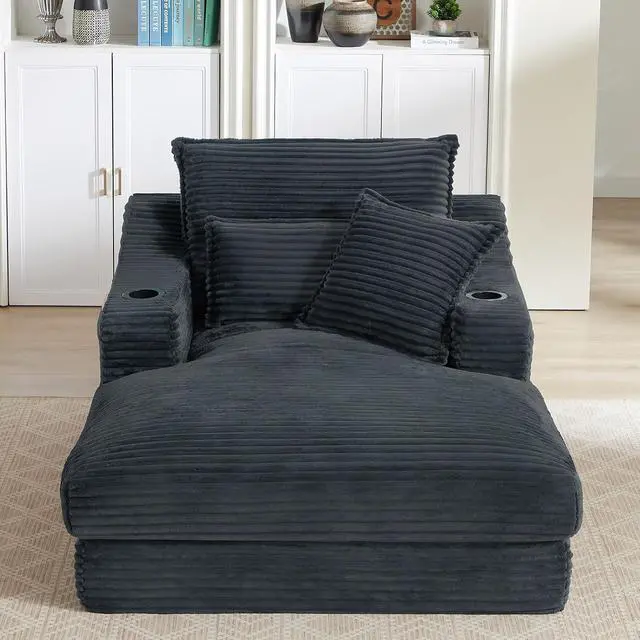 Alt view image 3 of 7 - 47.2"Oversized Chaise Lounge Chair Indoor,Corduroy Boneless Reading Chair with Cup Holder,Deep Seat Cloud Sofa Bed,Comfy Modern Sleeper Chairs in Box for Living Room Bedroom,No Assembly (Dark Grey)