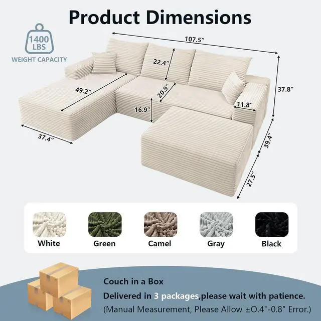 Alt view image 2 of 7 - 107" U Shaped Cloud Sectional Couch with Fluffy Corduroy, Deep Memory Foam Seats Sofa with 1 Ottoman for Living Room, No Assembly Required(White,Left-Facing Chaise)