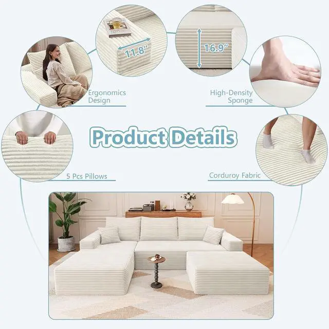 Alt view image 4 of 7 - 107" U Shaped Cloud Sectional Couch with Fluffy Corduroy, Deep Memory Foam Seats Sofa with 1 Ottoman for Living Room, No Assembly Required(White,Left-Facing Chaise)