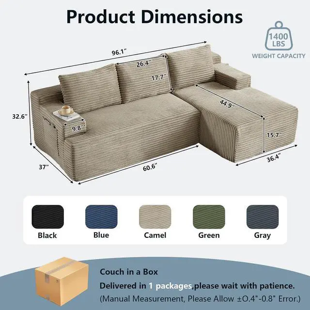 Alt view image 2 of 7 - 96" Boneless Couches for Living Room,Cloud Sectional Couch with L-Shape Chaise, Modular Corduroy Memory Foam Sofa with Deep Seat for Apartment, No Assembly Required(Camel,Right-Facing Chaise)
