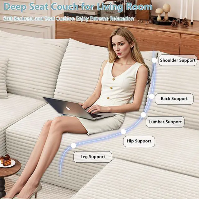 Alt view image 6 of 7 - 107" U Shaped Cloud Sectional Couch with Fluffy Corduroy, Deep Memory Foam Seats Sofa with 1 Ottoman for Living Room, No Assembly Required(White,Left-Facing Chaise)