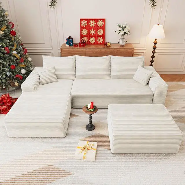 Alt view image 5 of 7 - 107" U Shaped Cloud Sectional Couch with Fluffy Corduroy, Deep Memory Foam Seats Sofa with 1 Ottoman for Living Room, No Assembly Required(White,Left-Facing Chaise)