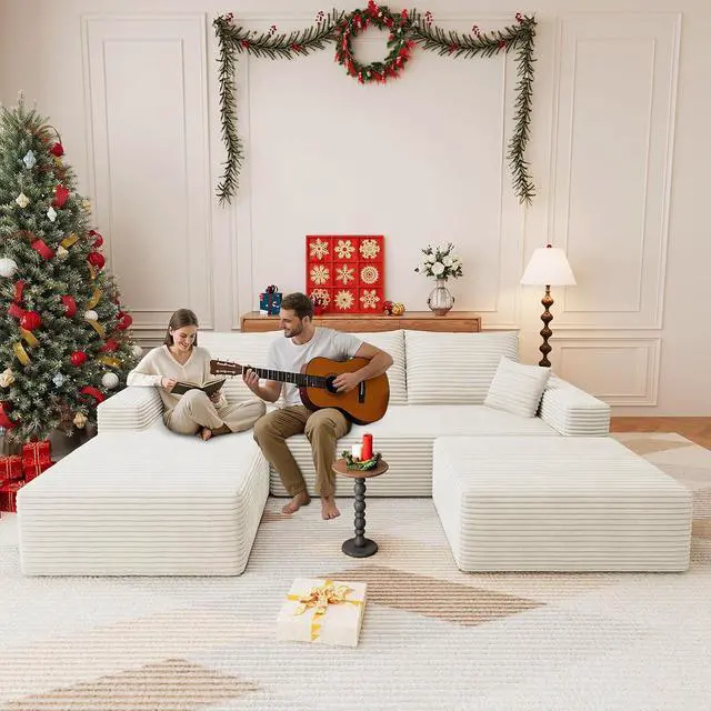 Alt view image 3 of 7 - 107" U Shaped Cloud Sectional Couch with Fluffy Corduroy, Deep Memory Foam Seats Sofa with 1 Ottoman for Living Room, No Assembly Required(White,Left-Facing Chaise)