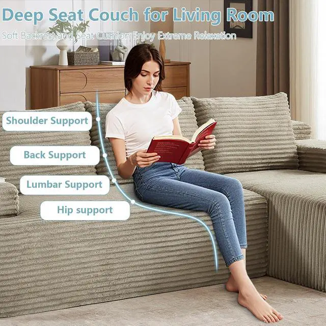 Alt view image 4 of 7 - 96" Boneless Couches for Living Room,Cloud Sectional Couch with L-Shape Chaise, Modular Corduroy Memory Foam Sofa with Deep Seat for Apartment, No Assembly Required(Camel,Right-Facing Chaise)