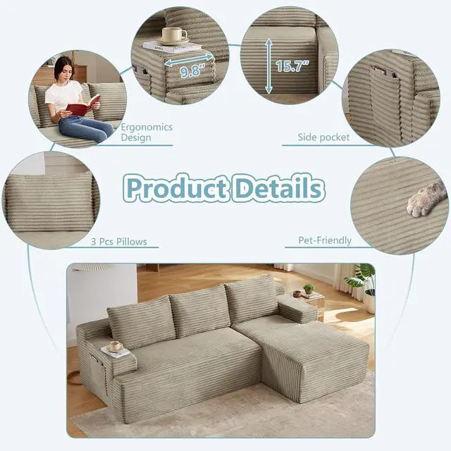 Alt view image 6 of 7 - 96" Boneless Couches for Living Room,Cloud Sectional Couch with L-Shape Chaise, Modular Corduroy Memory Foam Sofa with Deep Seat for Apartment, No Assembly Required(Camel,Right-Facing Chaise)