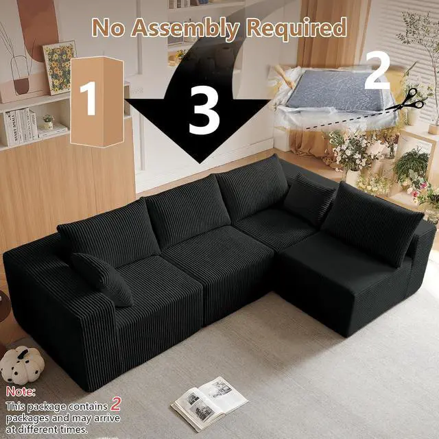 Alt view image 6 of 6 - 104'' Cloud Modular Sectional Sofa, Corduroy L-Shaped Minimalist Couch with Deep Seat, Modern 4-Seater Free Combination Sofa for Living Room No Assembly Required (Black)