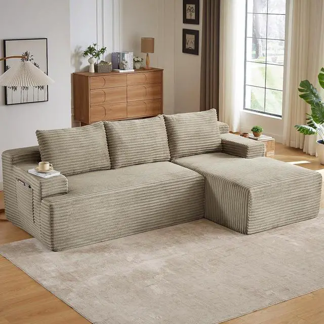 Alt view image 3 of 7 - 96" Boneless Couches for Living Room,Cloud Sectional Couch with L-Shape Chaise, Modular Corduroy Memory Foam Sofa with Deep Seat for Apartment, No Assembly Required(Camel,Right-Facing Chaise)
