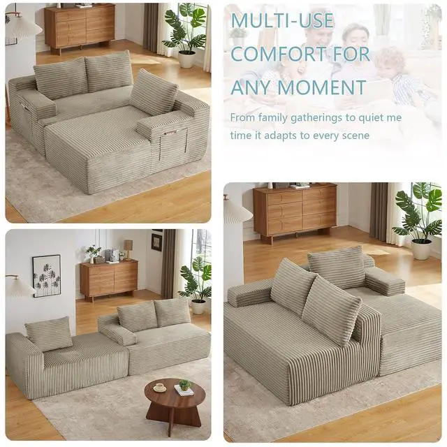 Alt view image 5 of 7 - 96" Boneless Couches for Living Room,Cloud Sectional Couch with L-Shape Chaise, Modular Corduroy Memory Foam Sofa with Deep Seat for Apartment, No Assembly Required(Camel,Right-Facing Chaise)