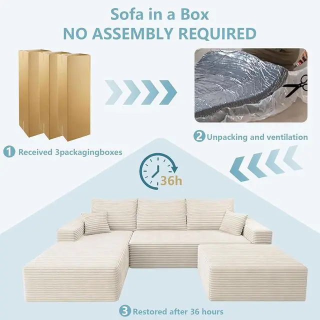 Alt view image 7 of 7 - 107" U Shaped Cloud Sectional Couch with Fluffy Corduroy, Deep Memory Foam Seats Sofa with 1 Ottoman for Living Room, No Assembly Required(White,Left-Facing Chaise)