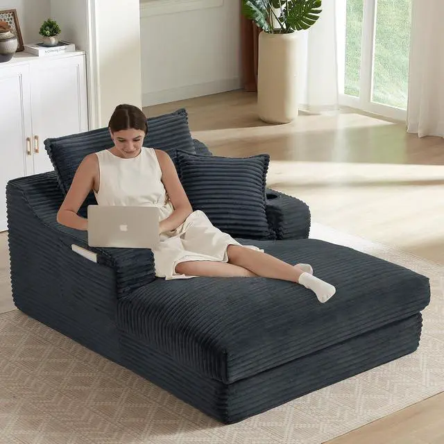 Alt view image 6 of 7 - 47.2"Oversized Chaise Lounge Chair Indoor,Corduroy Boneless Reading Chair with Cup Holder,Deep Seat Cloud Sofa Bed,Comfy Modern Sleeper Chairs in Box for Living Room Bedroom,No Assembly (Dark Grey)