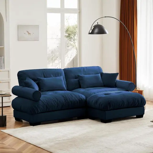 Alt view image 6 of 6 - 93.7" Oversized Loveseat Sofa with Ottoman, Modern Velvet 2-Seat Couch with Waist & Throw Pillows, Upholstered Deep Seat Cloud Couch for Living Room, Bedroom (Blue,2 Seater with Ottoman)