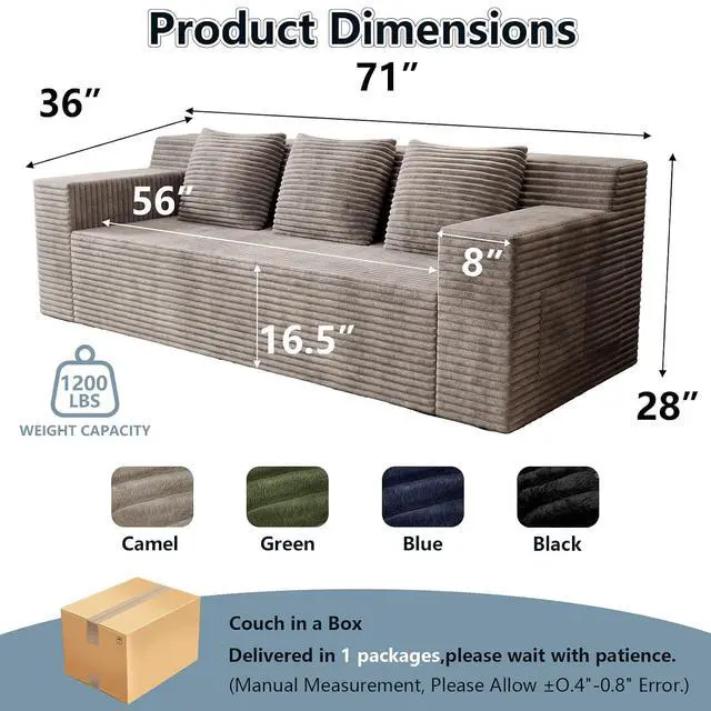 Alt view image 2 of 7 - 71"Cloud Loveseat Sofa,Modern 2-Seater Boneless Couch with 3 Pillows & Side Pocket,Soft Corduroy Love seat,Compressed Foam,Deep Seat,No Assembly for Living Room,Bedroom,Apartment(Flat Handrail,Camel)