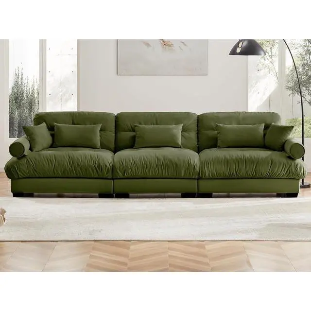 Alt view image 3 of 6 - 130" W Modular Sectional Sofa, Oversized 3-Seater Couch with Waist & Throw Pillows, Comfy Velvet Deep Seat Upholstered Sofa for Living Room, Apartment & Bedroom (Olive Green, 3-Seater)