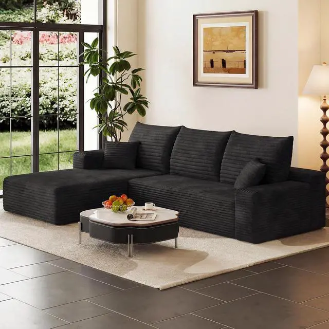Alt view image 3 of 7 - 95" Cloud Sectional Couch with L-Shape Chaise, Modern Corduroy Boneless Couch for Living Room,Memory Foam Sofa with Deep Seat,No Assembly Required (Black,Left-Facing Chaise)