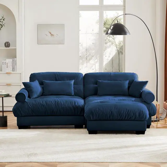 Alt view image 3 of 6 - 93.7" Oversized Loveseat Sofa with Ottoman, Modern Velvet 2-Seat Couch with Waist & Throw Pillows, Upholstered Deep Seat Cloud Couch for Living Room, Bedroom (Blue,2 Seater with Ottoman)