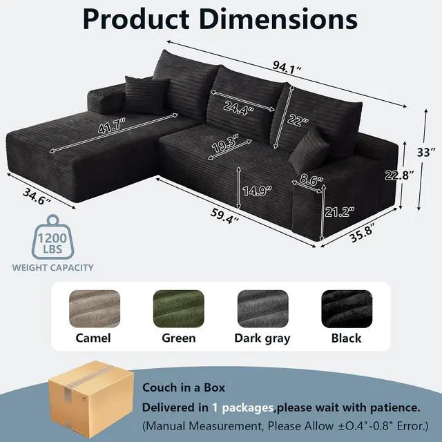 Alt view image 2 of 7 - 95" Cloud Sectional Couch with L-Shape Chaise, Modern Corduroy Boneless Couch for Living Room,Memory Foam Sofa with Deep Seat,No Assembly Required (Black,Left-Facing Chaise)