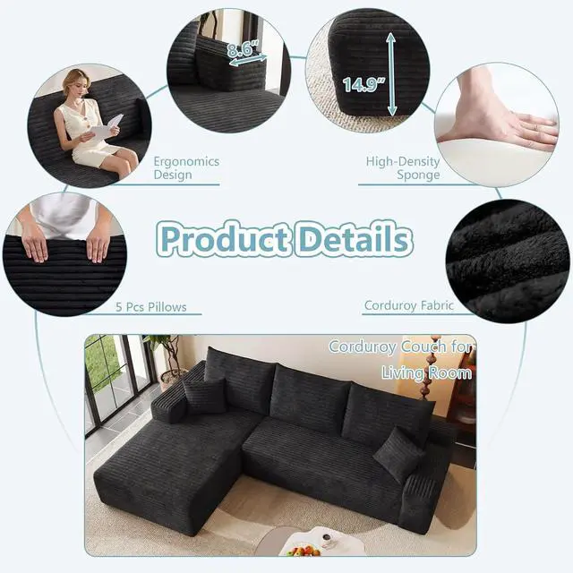 Alt view image 4 of 7 - 95" Cloud Sectional Couch with L-Shape Chaise, Modern Corduroy Boneless Couch for Living Room,Memory Foam Sofa with Deep Seat,No Assembly Required (Black,Left-Facing Chaise)