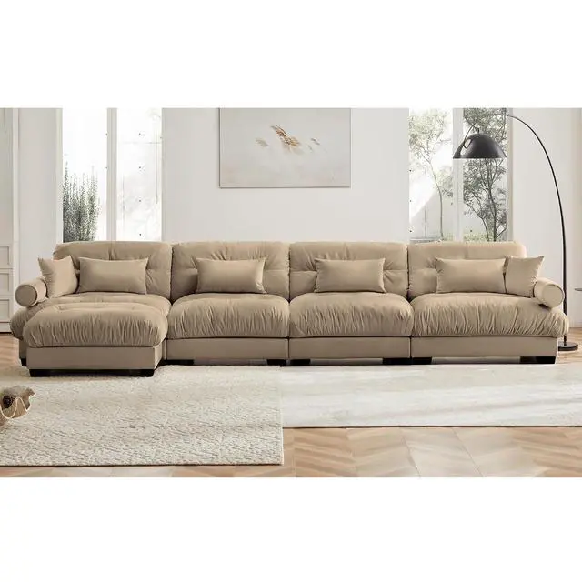 Alt view image 3 of 6 - 166"W Modular Sectional Sofa with Ottoman, Oversized 4-Seater Couch with Waist & Throw Pillows, Comfy Velvet Deep Seat Upholstered Sofa for Living Room,Apartment (Camel, 4-Seater with Ottoman)