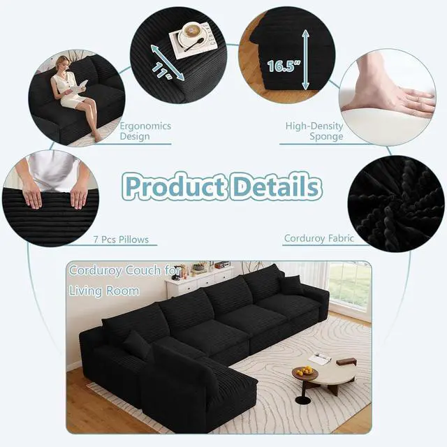 Alt view image 4 of 7 - 136" Oversized Cloud Sectional Couch with L-Shaped Chaise,5-Seater Corduroy Viral Boneless Sofa,Memory Foam Couches in a Box with Deep Seat for Living Room,No Assembly Required, Black