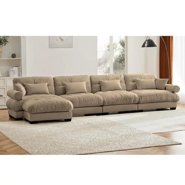 Alt view image 6 of 6 - 166"W Modular Sectional Sofa with Ottoman, Oversized 4-Seater Couch with Waist & Throw Pillows, Comfy Velvet Deep Seat Upholstered Sofa for Living Room,Apartment (Camel, 4-Seater with Ottoman)